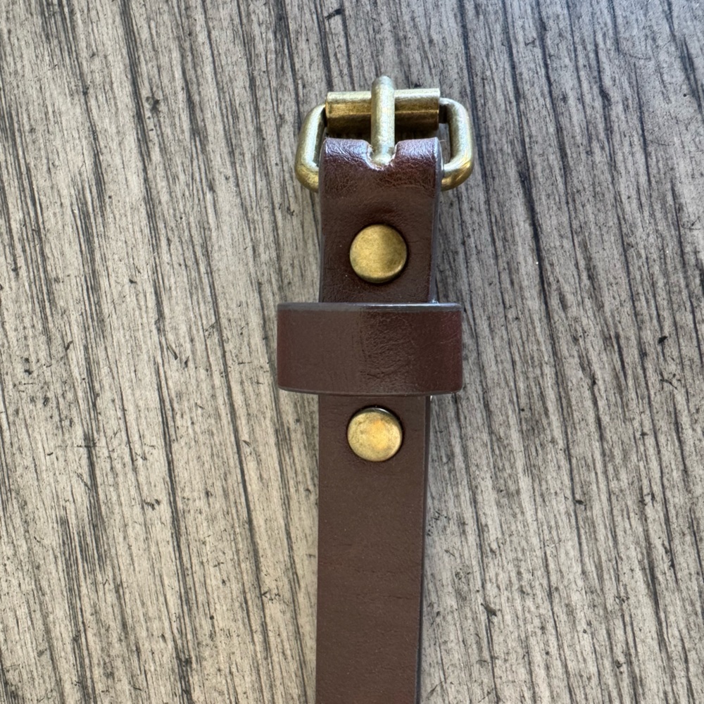 Chocolate Brown Leather Belt Skinny Gold Buckle - Picture 9 of 11